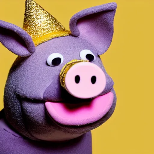 Image similar to studio photograph of a smiling pig depicted as a muppet wearing a gold crown with a yellow background, front view