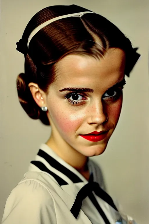 Image similar to photo photorealistic portrait photograph Emma Watson as penthouse maid 1950s portrait by Norman Rockwell