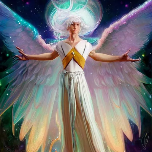 Image similar to harmony of white haired angel yoongi wearing greek clothes, muted colors, nebula background, neon sparkles everywhere, big wings, dynamic hair movement, + + + + dynamic pose, holographic space, glowing effect, j. c leyendecker, by alan lee, wlop! illustrated by starember, fantasy art by craig mullins