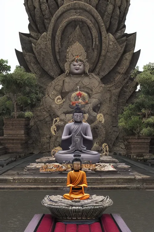 Image similar to a epic boss maitreya buddha 弥 勒 佛 sitting on a lotus platform 莲 花 台, in the center of buddha temples, zbrush, unreal engine, rendering by octane, epic stunning atmosphere, cyberpunk hi - tech, inspired by sekiro, by zhelong xu, michael whelan, jean leon gerome