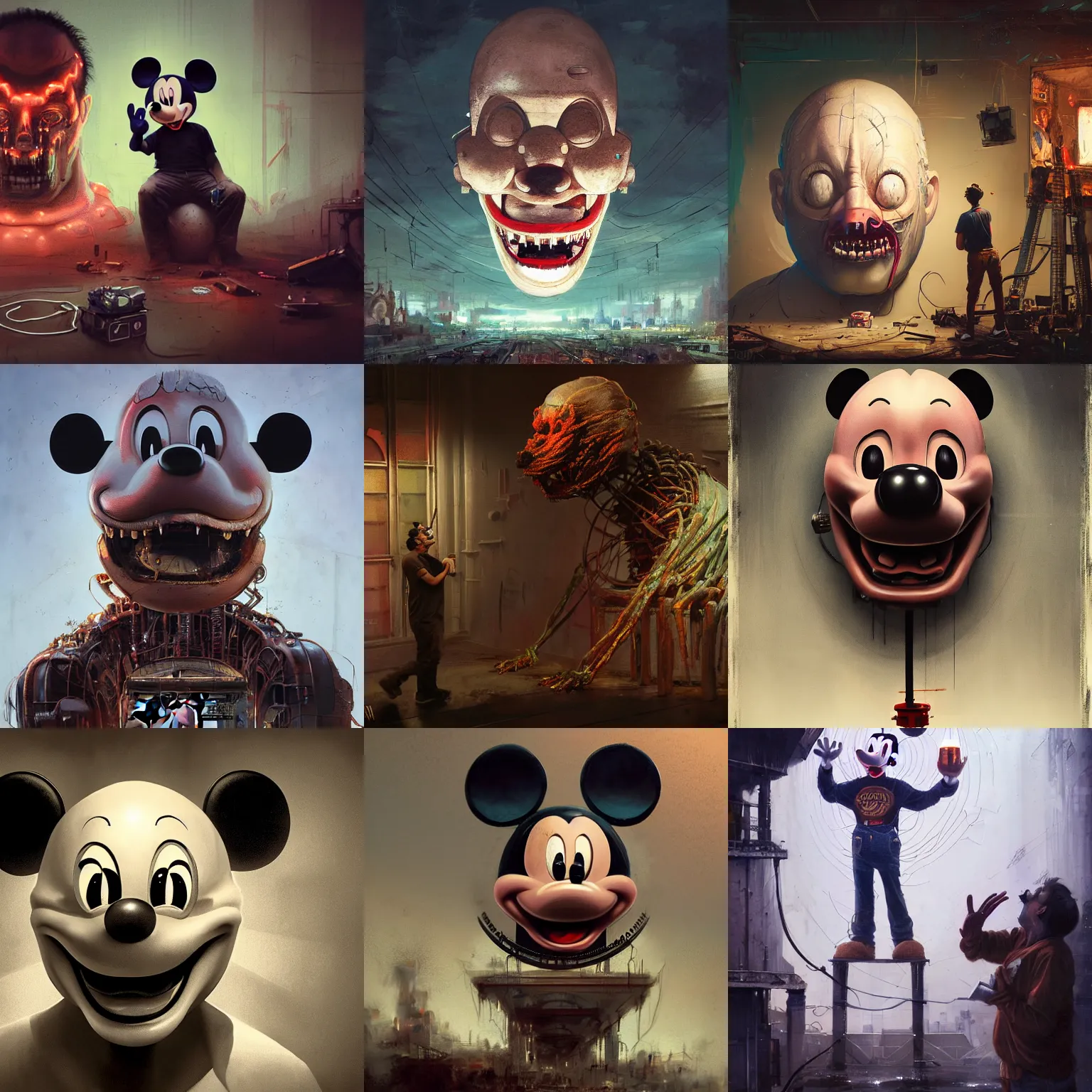 Prompt: mechanics repair the giant severed head of evil supreme animatronic leader mickey mouse, detailed concept character art facial portrait by thomas cole, greg rutkowski, rhads, junji ito, simon stalenhag, beeple, archillect, soft volumetric lighting, rendered in cryengine, by liam wong, creepy, renaissance painting, dramatic action pose