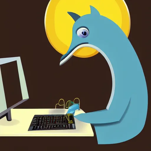 Image similar to An anthropomorphic grey dolphin dressed as a chemist playing games on a computer, digital painting