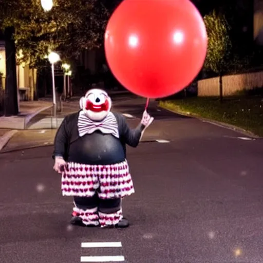 Prompt: disturbing fat clown holding a balloon in the middle of the street at night