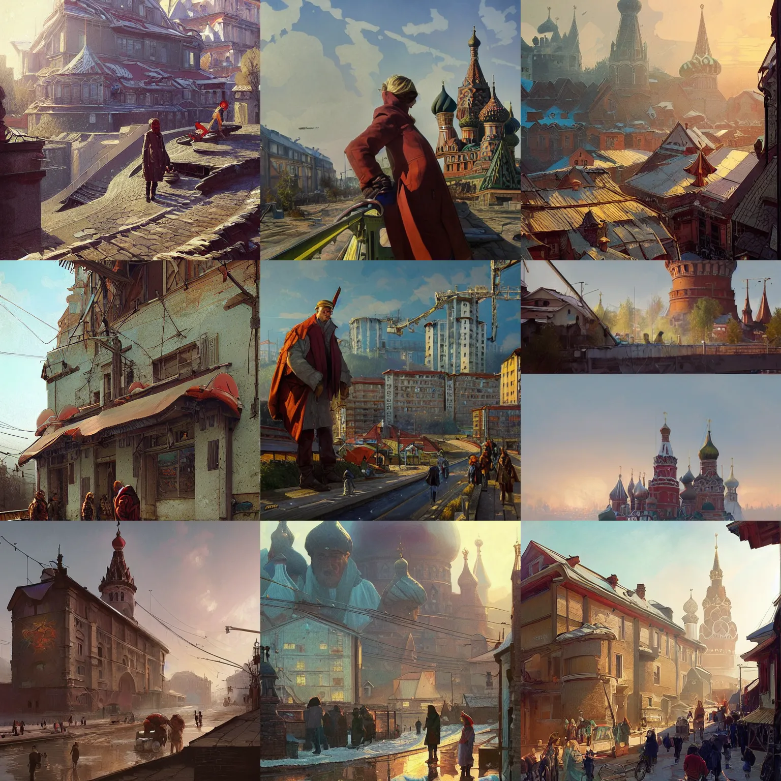 Prompt: russia, village, bright future, social realism, view from the eyes, soviet architecture, many people, highly detailed, digital painting, artstation, concept art, matte, sharp focus, illustration, art by artgerm and greg rutkowski and alphonse mucha