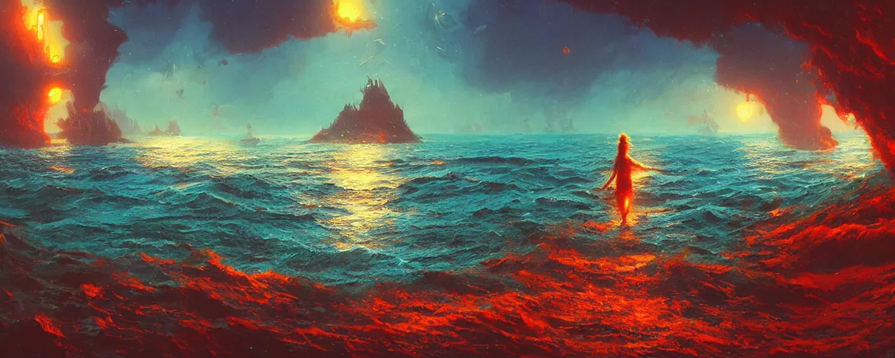Image similar to ” still ocean, [ art by paul lehr, cinematic, detailed, epic, widescreen, opening, establishing, mattepainting, photorealistic, realistic textures, octane render ] ”