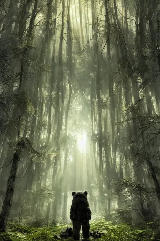 Prompt: mean fluffy teddybear wearing a Crysis Nanosuit in a forest with rays of light coming through the canopy, masterpiece, dystopian, sci-fi, extremely detailed, digital painting, sculpted in zbrush, artstation, concept art, smooth, sharp focus, illustration, chiaroscuro lighting, golden ratio, incredible art, artgerm, greg rutkowski, alphonse mucha, simon stalenhag, carravaggio