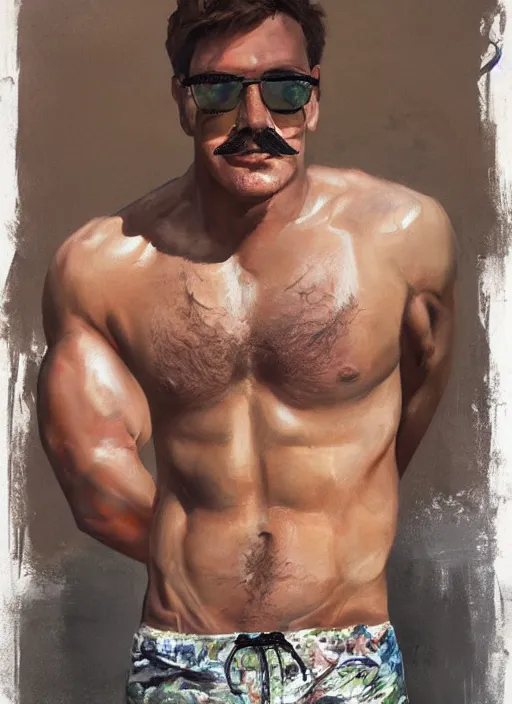 Prompt: painting of a handsome young man with toned muscles wearing pit viper glasses and swim shorts and a baseball cap, bulky, with dense brown stubble and a thick moustache, sparse chest hair,by Jeremy Mann, stylized, detailed, realistic, warm tones, summer vibes, glistening skin, loose brush strokes