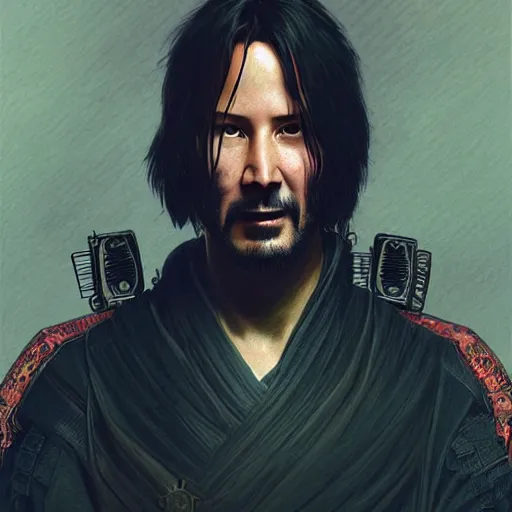 Image similar to Keanu Reeves as a cyberpunk samurai, intricate, highly detailed, digital painting, artstation, concept art, sharp focus, illustration, art by greg rutkowski and alphonse mucha