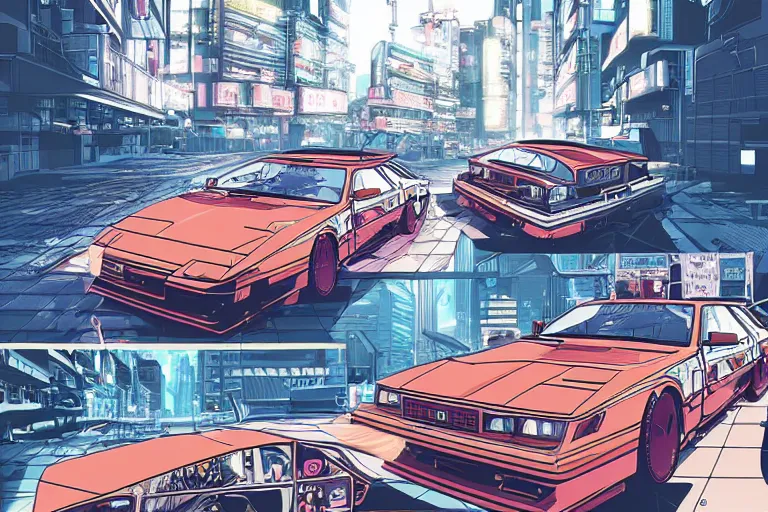 Image similar to 1985 Vector W8 Twin Turbo, city in anime cyberpunk style by Hayao Miyazaki