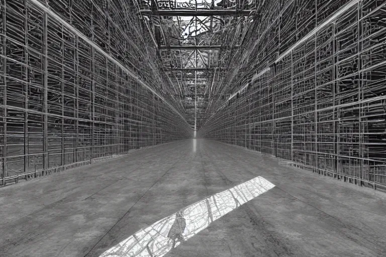 Prompt: very empty very dark cargo hall and large corridors of huge huge space ship containing rows of cages with strange animals ultra detailed photorealistic rendering chiaroscuro painting