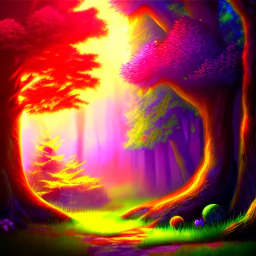 Image similar to enchanted magical forest on magical colorful fire , digital painting , digital art , artstation , devian art , 4k , HD