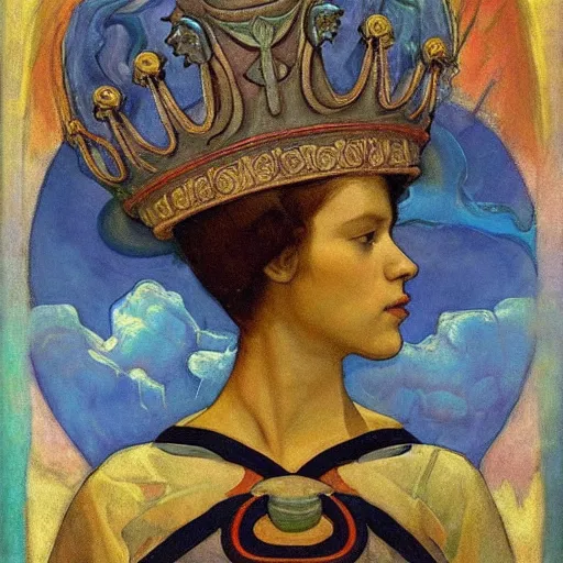 Image similar to the crown of clouds, by Annie Swynnerton and Nicholas Roerich and Diego Rivera, bioluminescent skin, elaborate costume, geometric ornament, symbolist, cool colors, smooth, sharp focus, extremely detailed