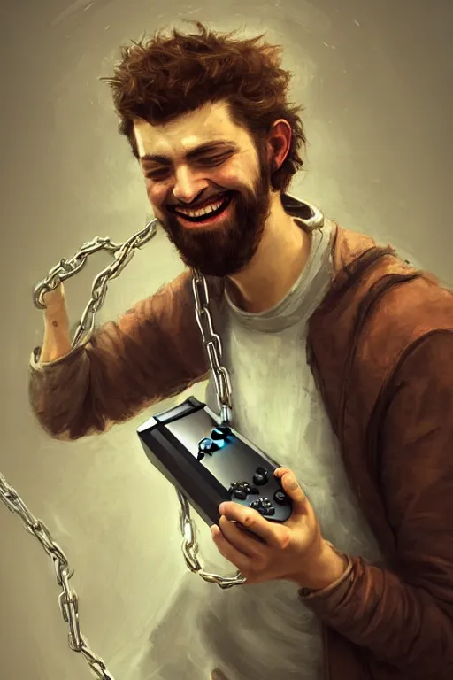 Image similar to very happy tired man holding gaming console in hands. he is chained to the console, intricate, elegant, highly detailed, digital painting, artstation, concept art, addiction, chains, smooth, sharp focus, illustration, art by ilja repin