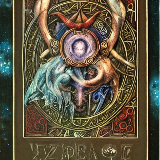 Prompt: aries zodiac artwork, mystic tarot style, detailed, 8 k, symmetrical, by brian froud