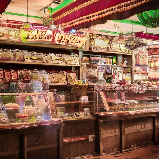 Prompt: Inside an old fashioned sweet shop, fantasy vendor interior, wide angle, cinematic shot, highly detailed, cinematic lighting , photo-realistic