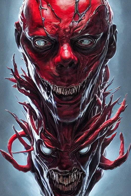 Image similar to Portrait of Steve Buscemi face as symbiote Carnage, red, marvel comics, dark, intricate, highly detailed, smooth, artstation, digital illustration by Ruan Jia and Mandy Jurgens and Artgerm and Wayne Barlowe and Greg Rutkowski and Zdislav Beksinski