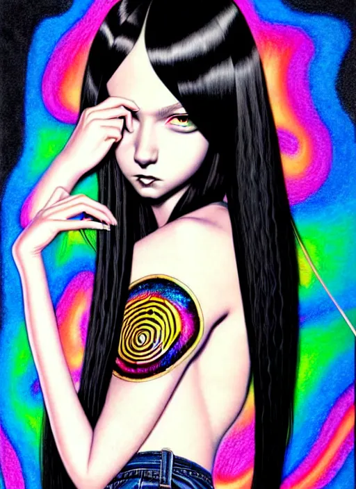 Image similar to richly detailed colored pencil 3D illustration of a beautiful woman with silky straight black hair with iridescence wearing a Nirvana band Tshirt and short black shorts, she staring at the camera happily while being wrapped by slimy wet tentacles, art by Range Murata and Artgerm.