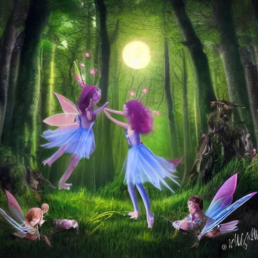 Image similar to Fairies dancing in the woods by full moon, realistic photo, surreal, beautiful, extremely detailed, trending on art station