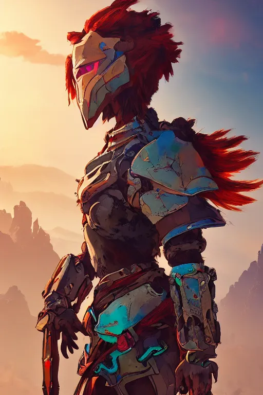 Image similar to combination suit armor aloy horizon forbidden west horizon zero dawn radiating a glowing aura global illumination ray tracing hdr fanart arstation by ian pesty and alena aenami artworks in 4 k tribal robot ninja mask helmet backpack