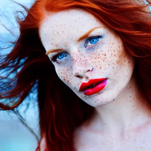 Image similar to close up portrait photograph of the left side of the face of a redhead woman with stars in her irises, red lipstick and freckles. Wavy long hair. she looks directly at the camera. Slightly open mouth, face covers half of the frame, with a park visible in the background. 135mm nikon. Intricate. Very detailed 8k. Sharp. Cinematic post-processing. Award winning portrait photography