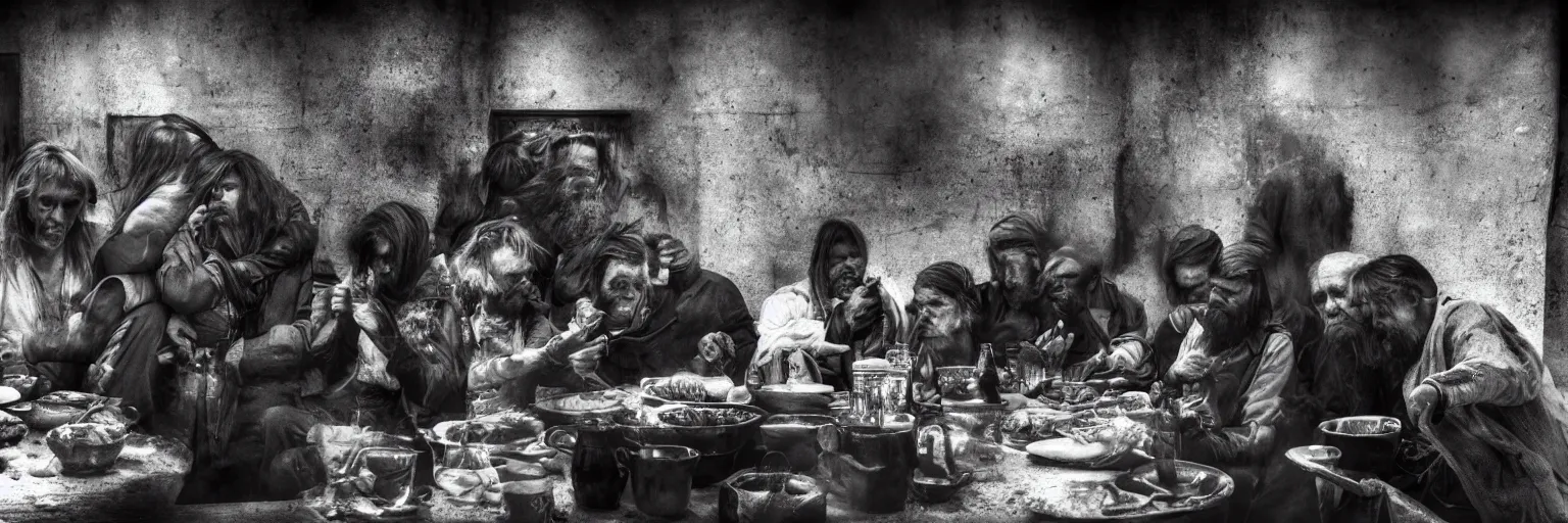 Prompt: Award Winning Editorial wide-angle picture of a Tramps in a Soup Kitchen by David Bailey and Lee Jeffries, called 'The Last Supper', 85mm ND 5, perfect lighting, gelatin silver process