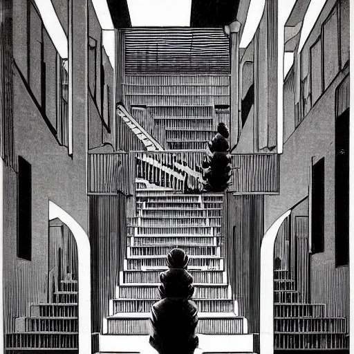 Prompt: a flood of slime in a bright white hallway with many doors and many stairs, Mc Escher architecture, epic composition, by Junji Ito