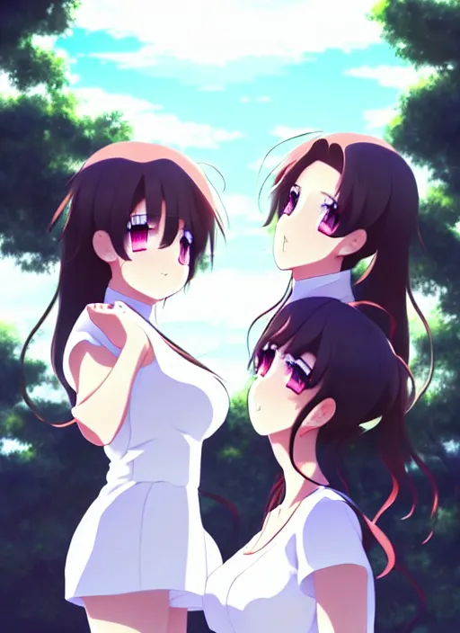 Prompt: two beautiful mothers out on a humid summer day, white tops, gorgeous faces, thick lines, cinematic lighting, detailed anime art