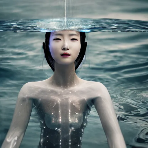 Image similar to beautiful centered fine art photo portrait of hoyeon jung as a solarpunk robotic humanoid treading on water, white mechanical parts with led lights, ultra - detailed and intricate, white background, sun lighting, soft focus, slow exposure hdr 8 k