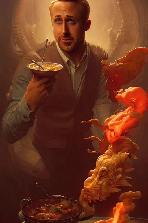 Prompt: ryan gosling in an irish stew, hyper detailed, digital art, artstation, cinematic lighting, studio quality, smooth render, by peter mohrbacher, hajime sorayama, wayne barlowe, boris vallejo, aaron horkey, gaston bussiere, craig mullins, caravaggio