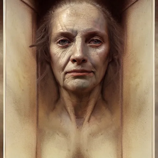 Prompt: hyperrealist portrait of an ancient old three - headed woman standing in a vast empty space with mounds of clay here and there by jeremy mann and alphonse mucha and alan lee, fantasy scifi art, photo realistic, dynamic lighting, artstation, poster, volumetric lighting, very detailed faces, award winning, full face, symmetry
