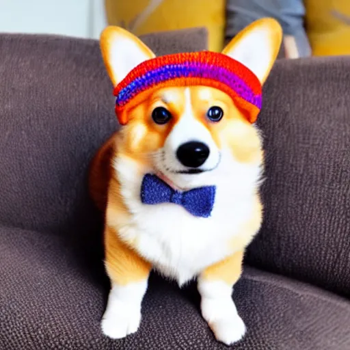 Prompt: 8k highly detailed photograph of the most adorable Corgi Puppy wearing a cute rainbow bowler hat, posing on my couch, golden hour,