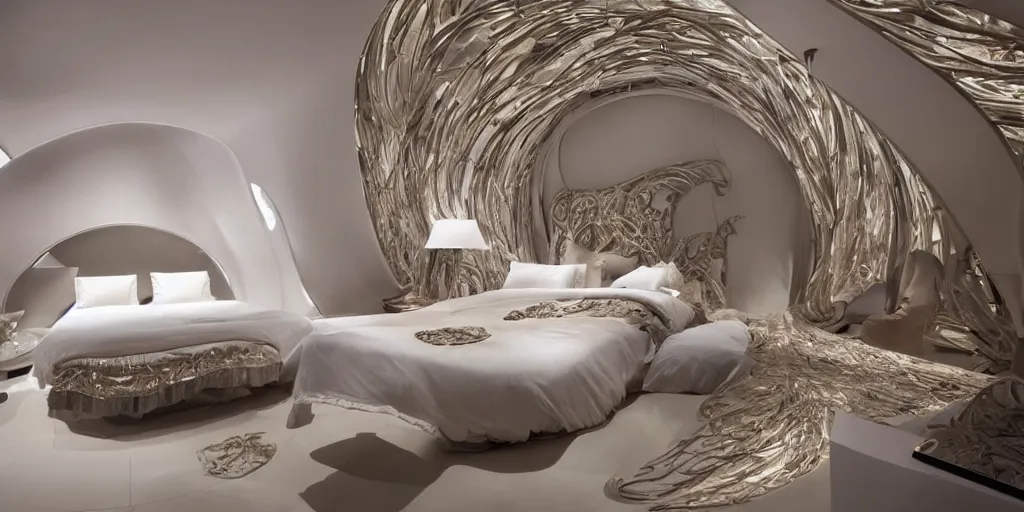 Prompt: a cozy bedroom decorated by Zaha Hadid, detailed, high resolution, wow!, intricate