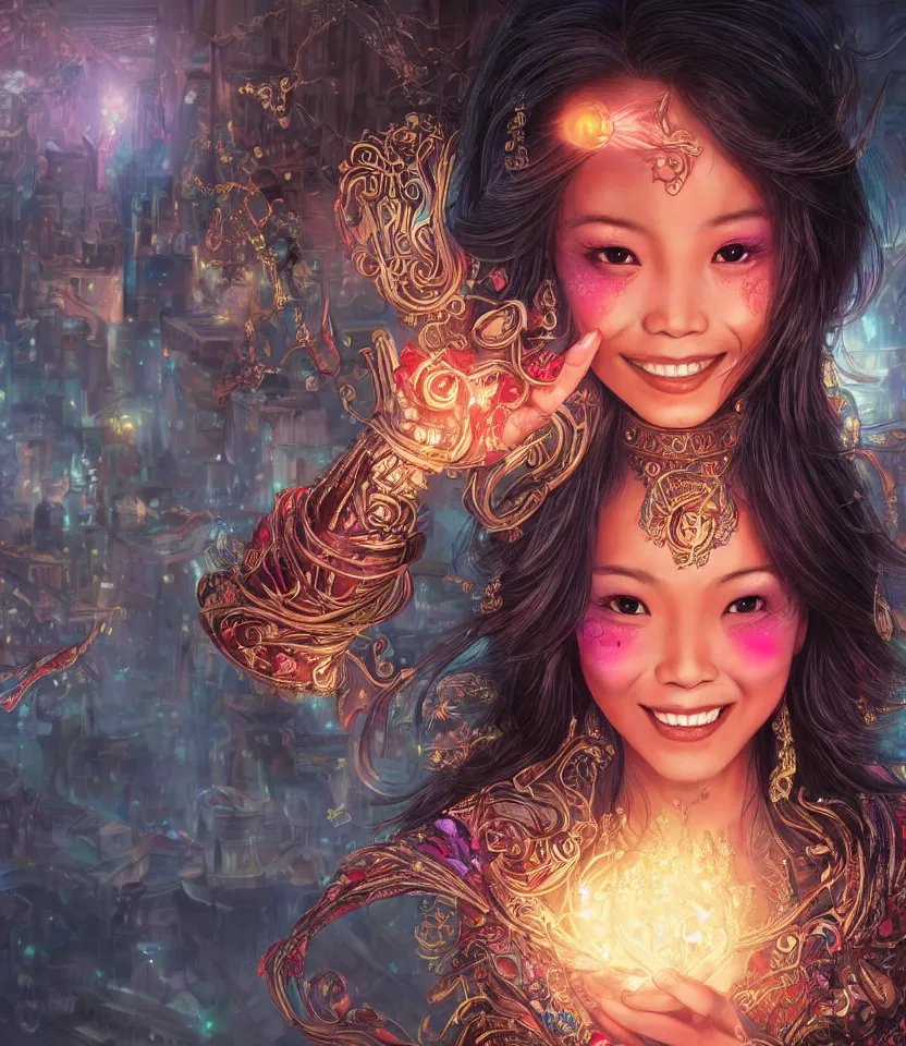 Image similar to beautiful portrait of magician asian girl, cheeky smile, glowing eyes, intricate details, colourful, atmospheric light, ominous ancient city on the background, dark fantasy, ultra realistic details, detailed face, artstation, illustration, one character, symmetrical, by arthur adams