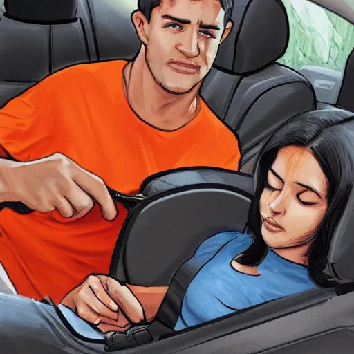 Prompt: man in orange t - shirt fastening his wife's seatbelt on passanger seat, artstation
