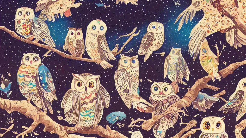 Prompt: very detailed, ilya kuvshinov, mcbess, rutkowski, watercolor quilt illustration of owls flying at night, colorful, deep shadows, astrophotography, richly detailed, wide shot