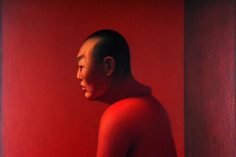 Image similar to a chinese prisoner, in the style of beksinski, parts by edward hopper, parts by rodcenko, parts by yue minjun, intricate and epic composition, symmetrical, red by caravaggio, insanely quality, highly detailed, masterpiece, red light, artstation, 4 k