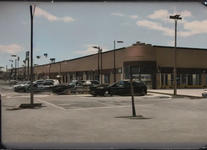 Image similar to polaroid photograph of an empty blockbuster store parking lot, liminal space, familiar place, mannequins, black mold, amateur, unreal engine, photorealistic, trending on artstation