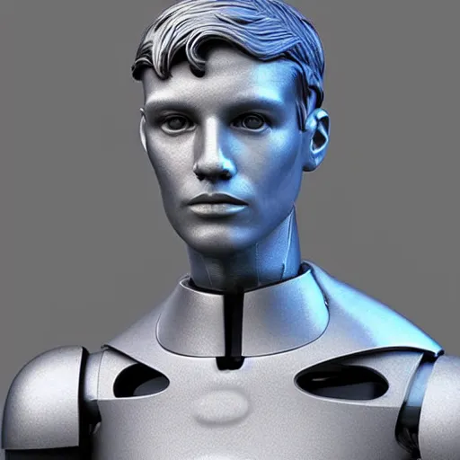 Image similar to “a realistic detailed photo of a guy who is an attractive humanoid who is half robot and half humanoid, who is a male android, News reporter Anthony Conn, shiny skin, posing like a statue, blank stare, reporting the news, on display, sparks coming out of his neck”