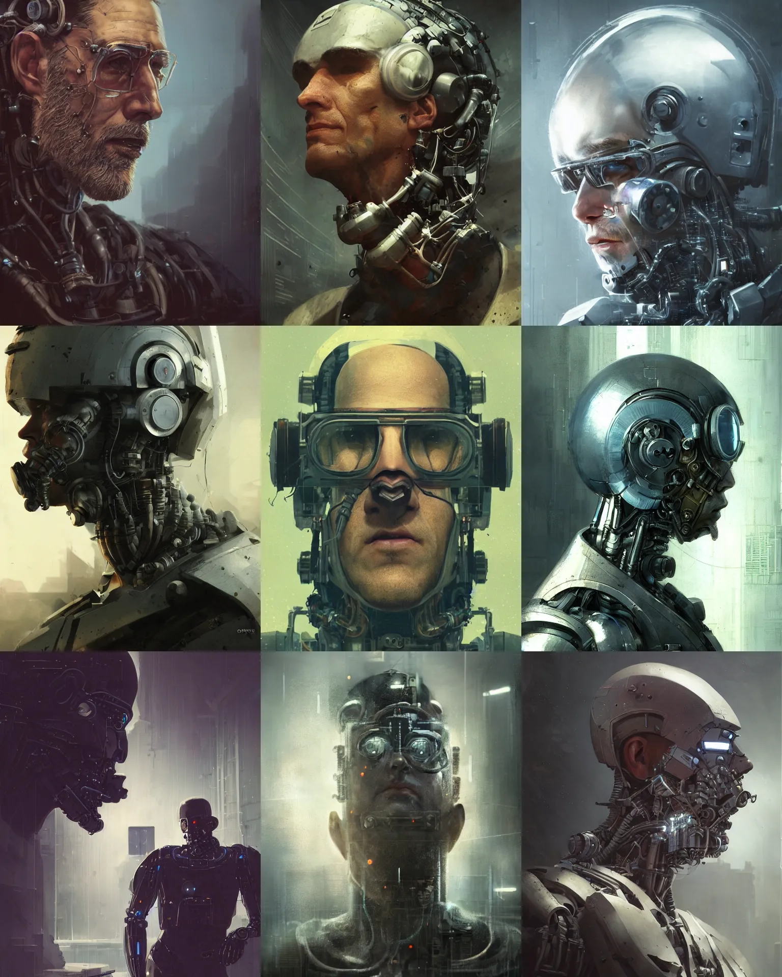 Image similar to a half - masked rugged laboratory engineer man with cybernetic enhancements as seen from a distance, scifi character portrait by greg rutkowski, esuthio, craig mullins, 1 / 4 headshot, cinematic lighting, dystopian scifi gear, gloomy, profile picture, mechanical, half robot, implants, steampunk