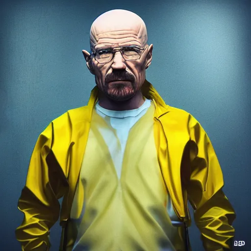 Image similar to multicolor 3 d render of walter white wearing yellow outfit by @ beeple _ crap in 4 k ultra high resolution, with depressive feeling