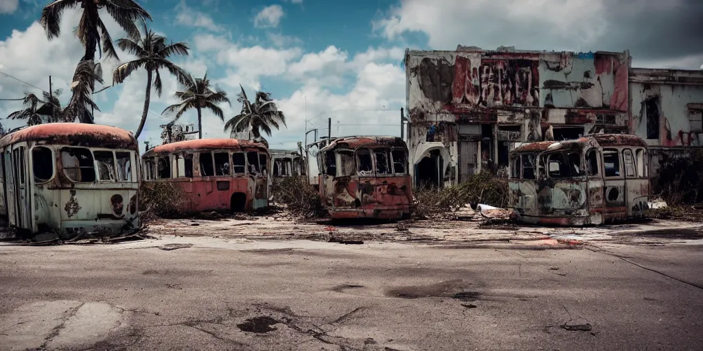 Image similar to low wide angle shot of dilapidated fallout 5 miami, tropical coastal city in real life, desolate, dilapidated, empty streets, some rusted retro futuristic vintage styled parked vehicles like cars, buses, trucks, trams, sunny weather, few clouds, volumetric lighting, photorealistic, daytime, spring, sharp focus, ultra detailed