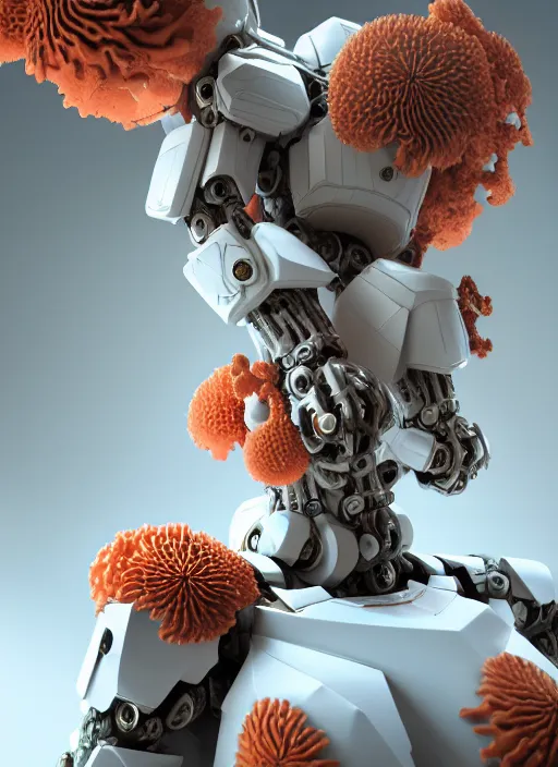 Prompt: biomechanical corals, daisies, well contoured smooth fair walls with marble mecha carrying a bottle of perfume, up close shot, sharp focus, global illumination, radiant light, alexandre ferra white mecha, irakli nadar, octane highly render, 4 k, ultra hd,