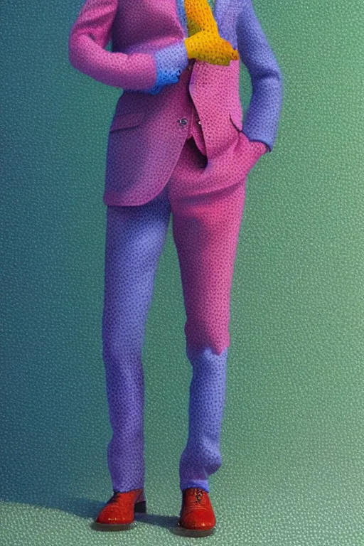 Image similar to a scene with a character wearing a super colorful muted color diy! suit, by vivienne westwood!, detailed photoreal render octane render, pointillism, oil on canvas