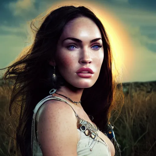 Prompt: beautiful Fine art photo portrait of enraptured young Megan Fox as a solarpunk robotic goddess, white mechanical parts with led lights, photorealistic, white background, highly detailed and intricate, sunset lighting, 8k