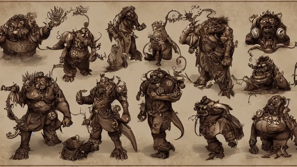 Image similar to a steampunk fantasy ogre character design sheet, trending on artstation