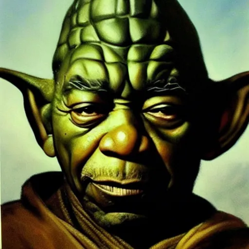 Prompt: ultra realistic portrait painting of morgan freeman as yoda, art by frank frazetta, 4 k, ultra realistic, highly detailed, epic lighting