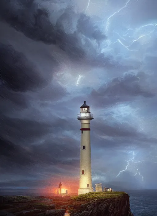 Image similar to light house on a cliff in a thunderstorm at night, dramatic lighting, cinematic, establishing shot, extremly high detail, photo realistic, cinematic lighting, post processed, concept art, artstation, matte painting, style by eddie mendoza, raphael lacoste, alex ross