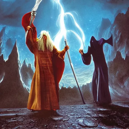 Prompt: Harry Potter and Gandalf fight against the Balrog of Morgoth, concept art by Tim White