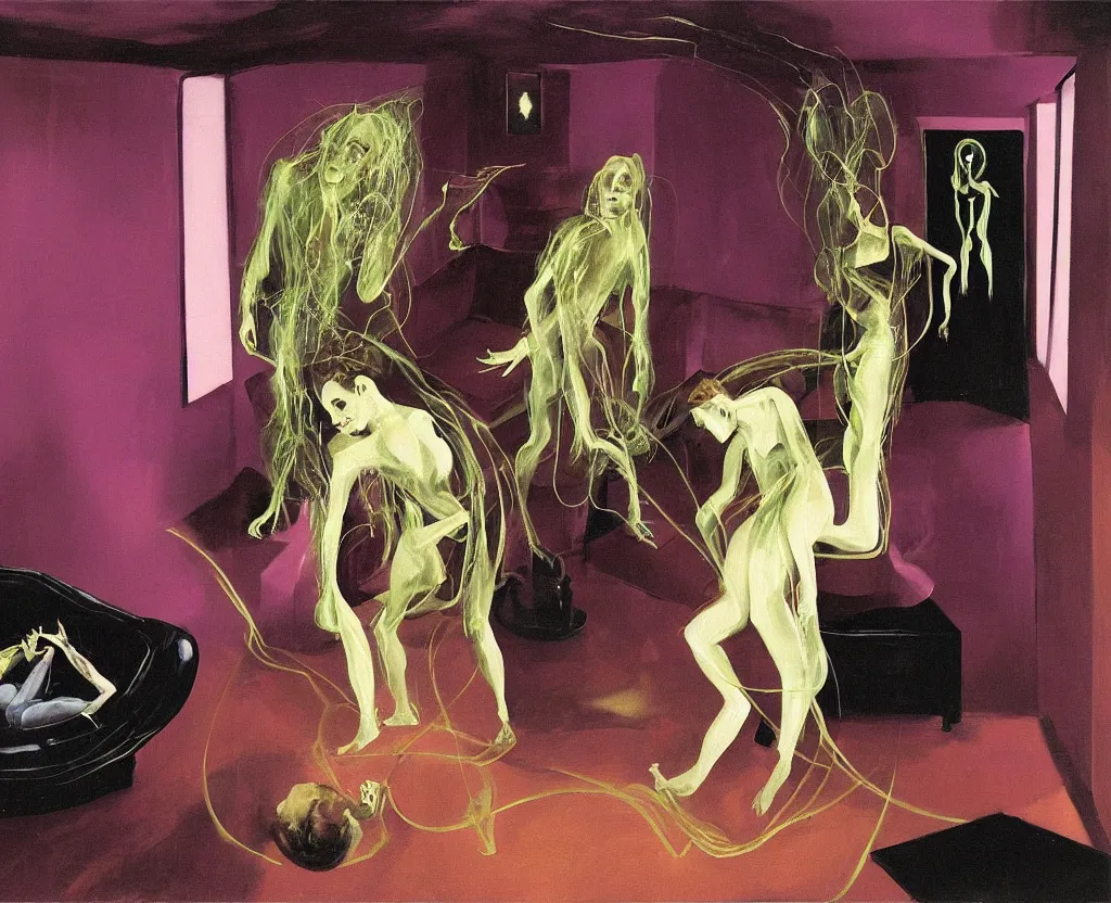 Prompt: One man and one woman attached by love in a living room of a house, floating dark energy surrounds the middle of the room. There is one living room plant to the side of the room, surrounded by a background of dark cyber mystic alchemical transmutation heavenless realm, cover artwork by francis bacon and Jenny seville, midnight hour, part by adrian ghenie, part by jeffrey smith, part by josan gonzales, part by norman rockwell, part by phil hale, part by kim dorland, palette knife texture, smudged paint, muted cold colors, artstation, highly detailed