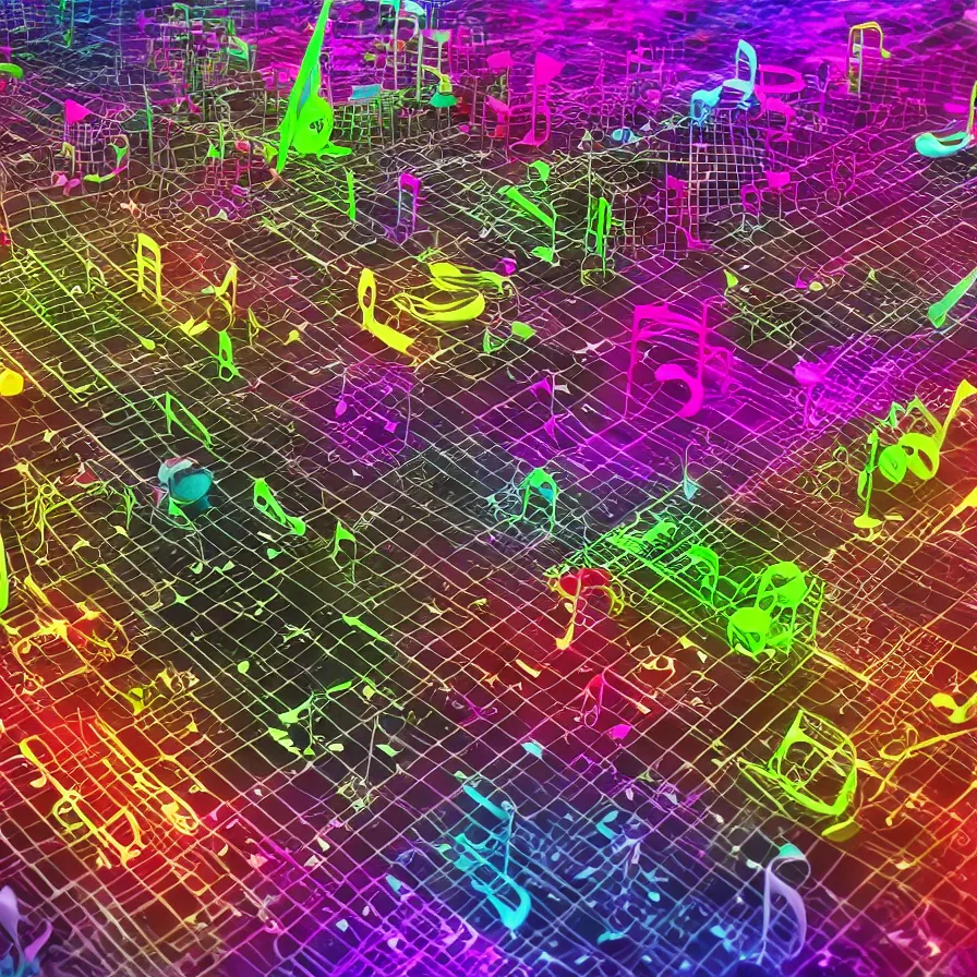 Image similar to realistic detailed 3D render of music, industries, toxic waste, full of colors and musical notes